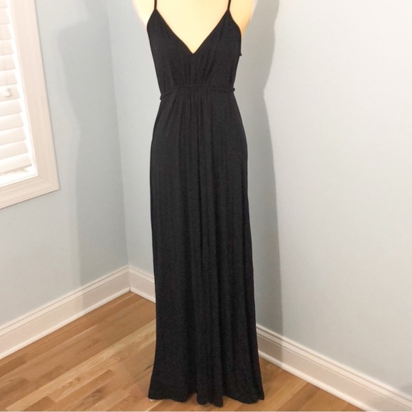 Moda International Pleated Tie Waist Boho Jersey Knit Maxi Dress Black sz Small - Picture 2 of 16